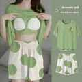 Pajamas Female Short-Sleeved Set of Sweet with Chest Cushion Korean Version of the Cartoon Students Casual Home Wear Loose Large. 