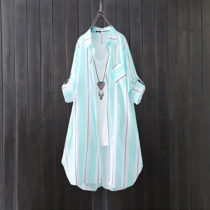 Chiffon sun protection shirt women's long-sleeved fashion top large size loose hip-covering striped long shirt