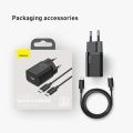 Baseus Super Si Quick Charger 1C 25W EU Sets With Mini Cable Type-C to Type-C 3A 1m Black - EU plug.