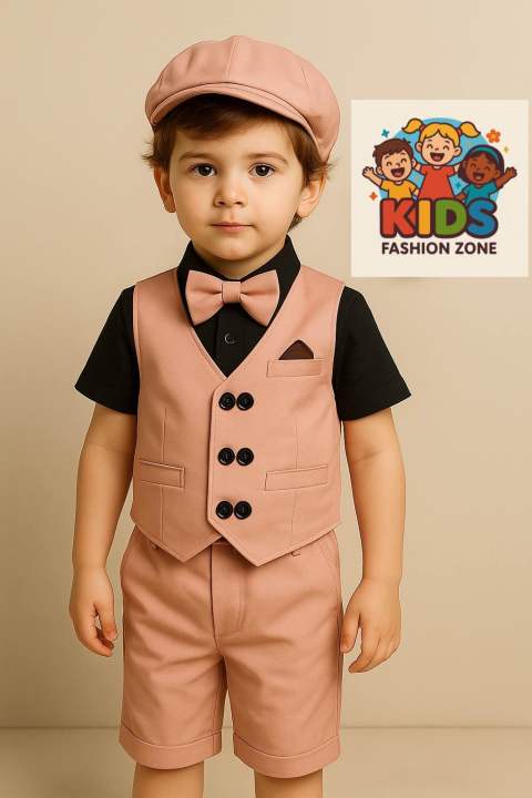 Boys%20Luxury%205pc%20Party%20Wear%20Set%20For%20Eid/Birthday/Wedding/Puja%E2%80%93%20Peach%20Vest,%20Shirt,%20Shorts,%20Bow%20Tie%20&%20Cap%20Dress%20For%20Any%20Occasion%20-%20Image%202