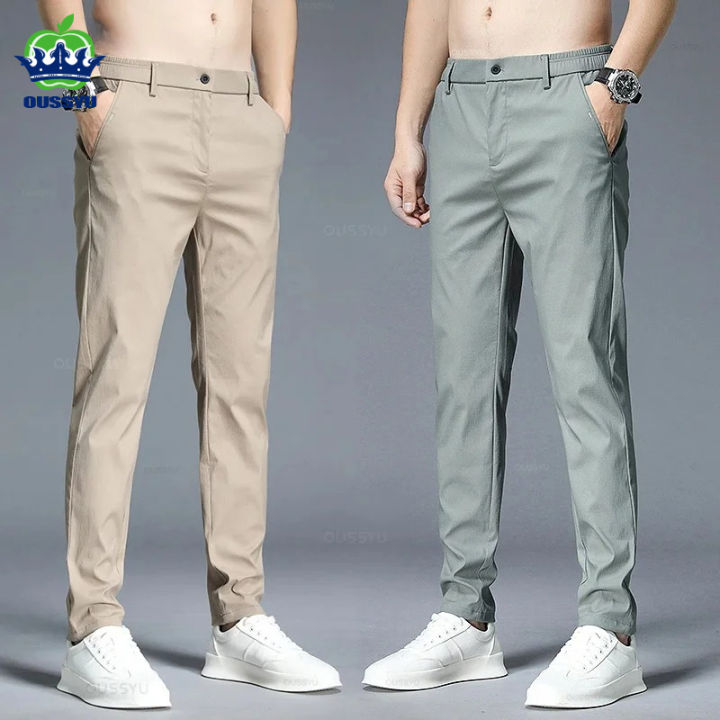 Summer Thin Casual Pants Men Cotton Stretch Slim Fit Elastic Waist Business Classic Korean Trousers Male Khaki Black Green 28-38