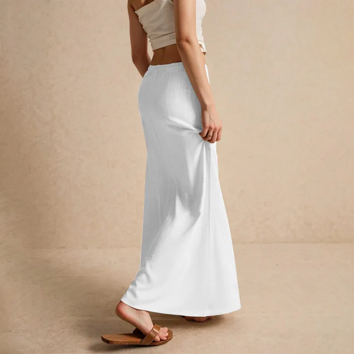 Women%20Low%20Waist%20Skirts%20Summer%20Casual%20Vacation%20Drawstring%20High%20Elastic%20Waist%20Skirts%20Simple%20Solid%20Comfy%20Bodycon%20Long%20Maxi%20Skirts%20-%20Image%205