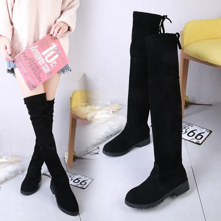 2025%20Faux%20Suede%20Female%20Heels%20Autumn%20Winter%20Elastic%20Knee-high%20Boots%20for%20Women%20Tube%20Lace-up%20Thigh%20Boots%20Black%20Botas%20-%20Image%202
