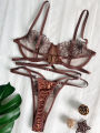 High-End Floral Embroidered Underwire Bra Set, Women's Mesh Unlined Bra + Panties.