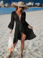 Summer Crochet Boho Beach Swimsuit Bikini Cover Up Lace-Up Hairball Long Blouse Hollow Out Open-Front Cover-Up Duster Kimono.