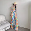 Women high waist wide leg pants fashion strapless plaid shirt two-piece dress cool style color matching exposed navel. 