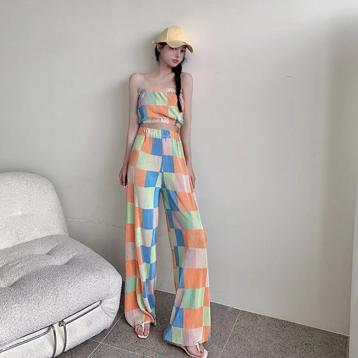 Women%20high%20waist%20wide%20leg%20pants%20fashion%20strapless%20plaid%20shirt%20two-piece%20dress%20cool%20style%20color%20matching%20exposed%20navel%20-%20Image%209