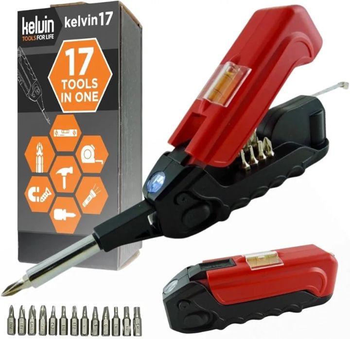 "Kelvin Tools Multipurpose - Ultimate Multitool with 13 Screwdriver Bits, LED Flashlight, Liquid Level, Snap-Action Screwdriver, 3ft Measuring Tape, Carbon Steel Hammering Surface - Perfect for Camping, Hiking, DIY, Survival, Emergency Kit - All-in-One To