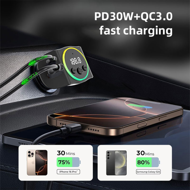 PD30W+QC3.0%20Bluetooth%205.3%20Car%20MP3%20Player%20FM%20Transmitter%20Wireless%20Handsfree%20U%20Disk%20Play%20Music%20USB%20Type-C%20Car%20Fast%20Charger%20Adapter%20-%20Image%205