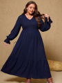 plus Size Women's Pullover V-Neck Long Sleeve Dress Autumn 2025 Printed Loose Casual Fashion Best Choice for Autumn.