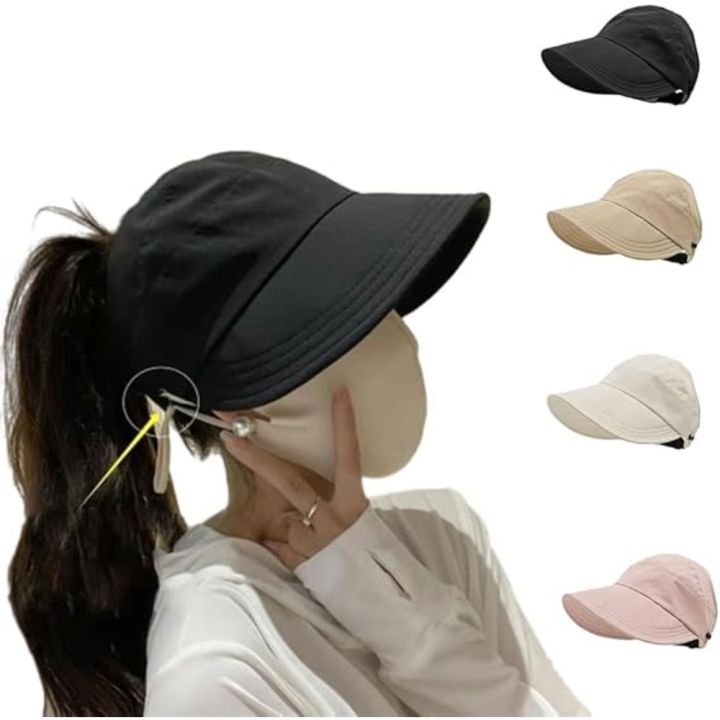 Sun Hats for Women Wide Brim UV Protection Hollow Top Sun Hat Summer Beach Packable Visor Fisherman Caps with Mask Button