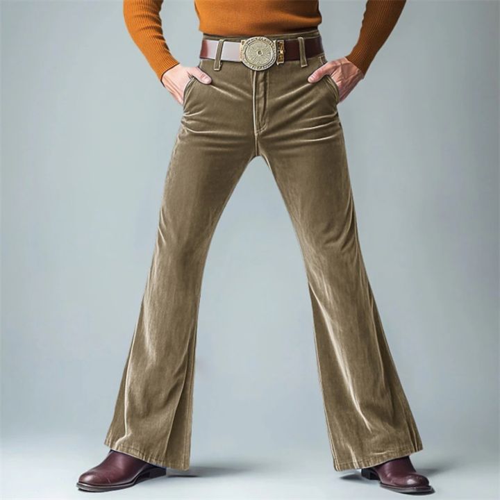 Men Retro Disco Flared Pants Classic Vintage Style Comfy Flare Trousers Fitted Velvet Fabric Dancing Stylish Pants Without Belt
