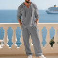 Cross-border Autumn Linen Men's Casual Suit Loose Hooded Henley Shirt Long Sleeve Pants Suit. 