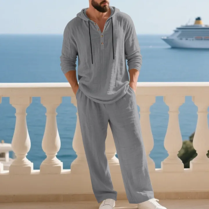 Cross-border%20Autumn%20Linen%20Men's%20Casual%20Suit%20Loose%20Hooded%20Henley%20Shirt%20Long%20Sleeve%20Pants%20Suit%20-%20Image%205