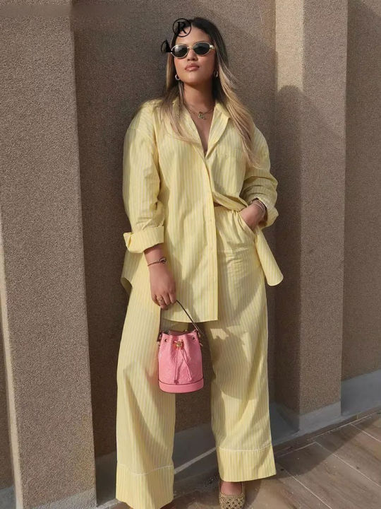 HH%20Women%20Yellow%20Stripe%20Blouse%20Pant%20Suit%20Loose%20%20Long%20Sleeve%20Shirt%20Drawstring%20Trousers%202024%20Female%20Fashion%20Streetwear%20Outfits%20-%20Image%203