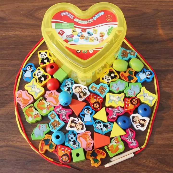 Wooden Lacing Beads Animals Blocks Heart-Shape Box Threading Educational Toy