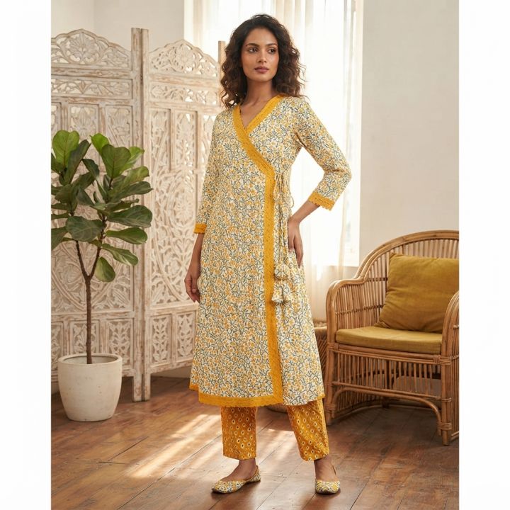 Designer Readymade Three Piece Linen Gown Style Long Kurti for Women and Girls Ready to Wear