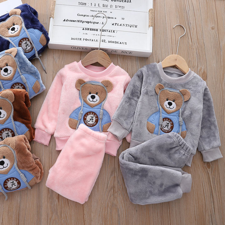 2023 New Winter Baby Boy Girl Thicken Pajamas Set Flannel Fleece Toddler Child Warm Catoon Sleepwear Kids Home Suit 0-5Y