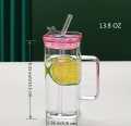 Glass Tumblers Cups With Straw Mason Jar Clear Juice ice cream Coffee Milk Cup With Plastic Lids Drink ware Stripe. 