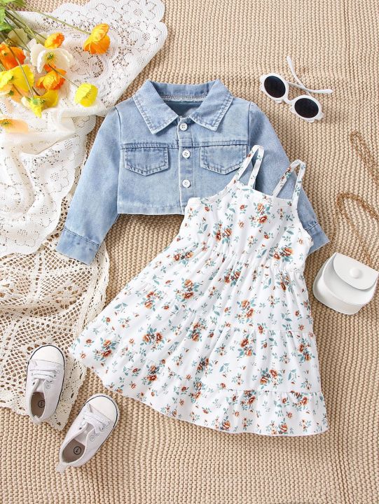 Baby Spring and Autumn Denim Coat Floral + Slip Skirt Twopiece Casual