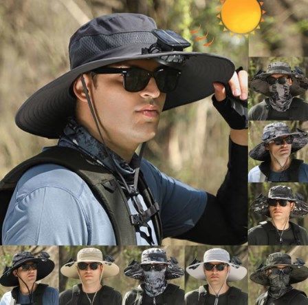 Men's Fashion Wide Brim Solar Fan Hat Sun Protection with Dual Power