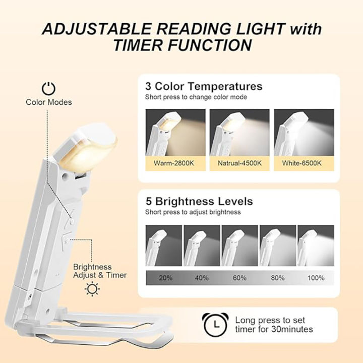 USB rechargeable LED reading light | brightness adjustable angle Timer light | student eye protection Portable Bookmark clip light | children reading books in bed at night with 3 colors and 5 brightness