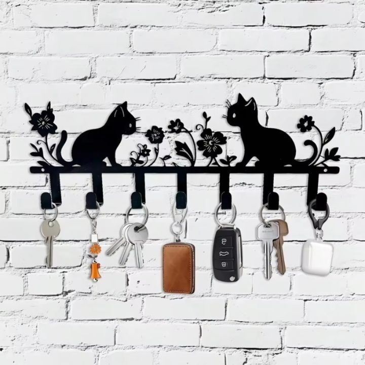 HOMESTYLECAT Pastel Cat & Flower Metal Hook | Lacquered Keychain | Glossy Finish for Wall Organization