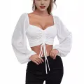 ALLUKASA Sexy Mesh Lantern Sleeves Drawstring Wrap Chest Bare Midriff T Shirt Women Long Sleeves Bottoming. 