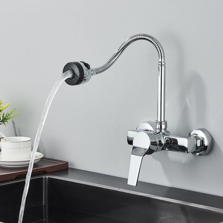 Wall%20Mounted%20Double%20Hole%20Kitchen%20Lead%20Free%20Hot%20and%20Cold%20Water%20Mixing%20Faucet%20Water%20Flow%20Spray%20Aerator%20360%20Degree%20Rotating%20Hose%20-%20Image%202