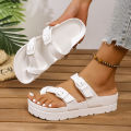 Women's Summer Casual Simple Buckle-Adjustable Thick-Soled Comfortable Eva One-Piece Flat Slip-On Slippers Suitable for Home and Outdoor Beach Use. 