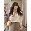 Women's Cotton Long Lantern Sleeve Blouse, White Tops, Office Lady, Elegant, Spring, Summer, V-neck, Fashion 8225. 