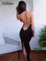 Nibber Dress Trendy Women Solid Color Halter Backless Slit Bag Hip Slim Dress Female 2025 Summer Hot Sale Simple Vestidos.