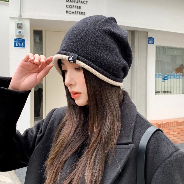 Hat%20Women's%20Autumn%20and%20Winter%20Fashion%20Street%20Windproof%20Wool%20Hat%20Warm%20Foreign%20Knitted%20Hat%20Show%20Face%20Small%20Pile%20Hat%20-%20Image%202