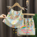 Kids Girls spaghetti strap dress 2 piece set floral off shoulder drawstring top with shorts. 