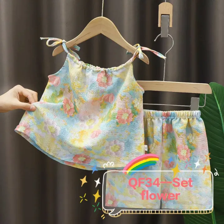 Kids%20Girls%20spaghetti%20strap%20dress%202%20piece%20set%20floral%20off%20shoulder%20drawstring%20top%20with%20shorts%20-%20Image%202