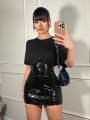 plus Size Black High Gloss Leather Mini Skirt Trendy Versatile Bodycon Skirt for Women. 