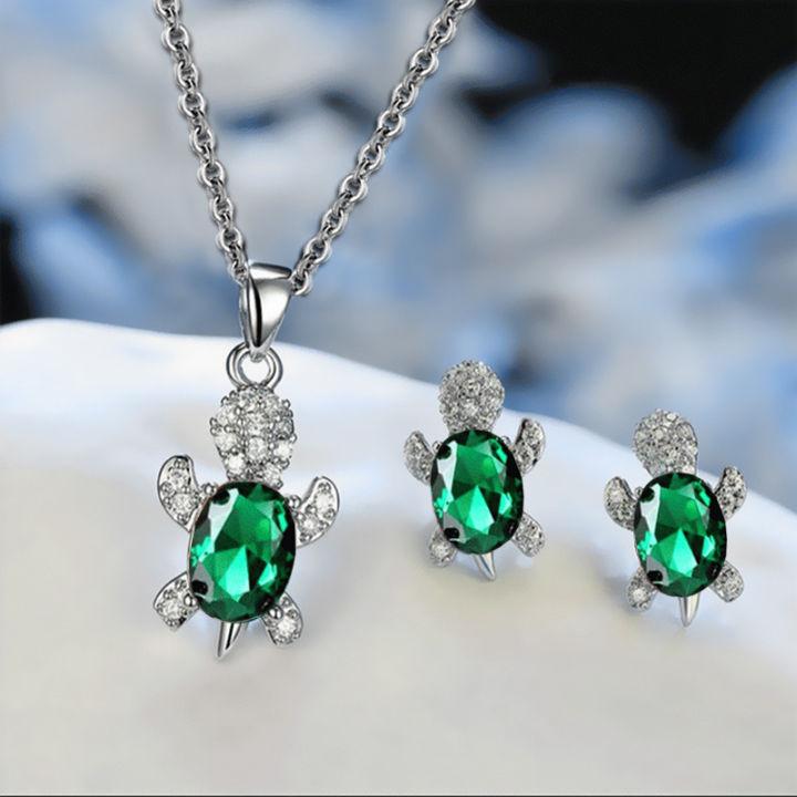 3pcs%20Silver-plated%20Necklace%20Earrings%20Set%20Ladies%20Light%20Luxury%20Fashion%20Style%20Turtle%20Shape%20With%20Multi%20Color%20Glass%20Diamond%20-%20Image%203