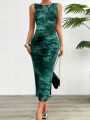 Women's 2024 Spring Summer New Fashionable Printed Round Neck Style Slimming Sleeveless Tight Dress With Split Bottom. 