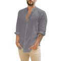 Cotton Linen Hot Sale Men's Long-Sleeved Shirts Summer Solid Color Stand-Up Collar Casual Beach Style Plus Size. 