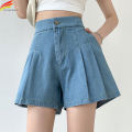 DFRCAEG 2024 Summer Plus Size Denim Shorts For Women High Elastic Waist Blue Or Sky Blue Pleated Mini Large Size Short Femme.