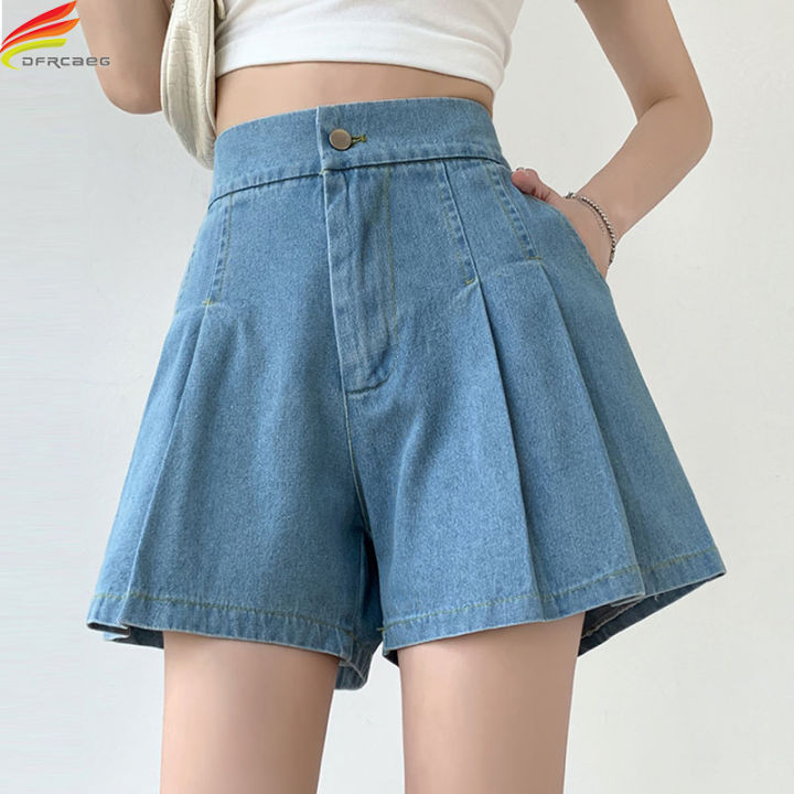 DFRCAEG%202024%20Summer%20Plus%20Size%20Denim%20Shorts%20For%20Women%20High%20Elastic%20Waist%20Blue%20Or%20Sky%20Blue%20Pleated%20Mini%20Large%20Size%20Short%20Femme%20-%20Image%204