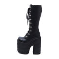 Gdgydh Women's Y2K Side Zipper Platform Boots Knee High Motorcycle Boots Black Closed Toe Lace Up Long Boots. 