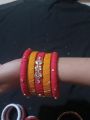 Handmade Cotton Thread and Kundan Bangles Basonti And Dark pink- 5Pcs set. 