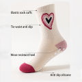 5 pairs of girls', medium, and large children's heart-shaped striped pattern floor socks, mid tube socks, anti slip, wear-resist.