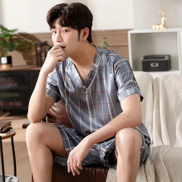 Pajamas%20Men%20Ice%20Silk%20Short-Sleeved%20Student%20Homewear%20Two-Piece%20Set%20of%20Easy-to-Clean%20Short-Sleeved%20Shorts%20Nightwear%20Loungewear%20-%20Image%202