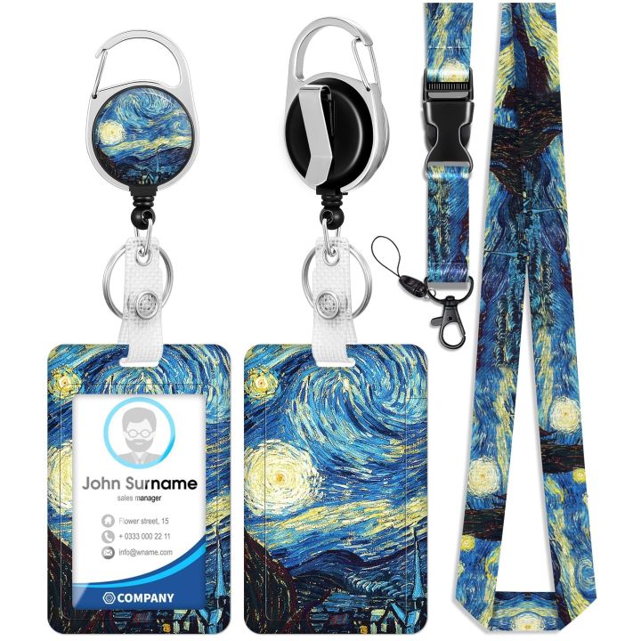 ID badge clip, belt clip with lanyard and retractable badge reel, art night painting keychain lanyard clip