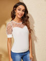 2024 spring and summer Europe and America new women's mesh polka dot stitching collage comfortable casual crew neck short-sleeve.