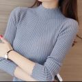 EVNISI Autumn Women Mock Neck Ruffles Sweater Long Sleeve Knitted Bottoming Solid Pullovers Stripe Women Casual Sweater Winter. 