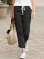 Women Elegant Simple Pants Fashion Drawstring Design Solid Color Cropped Pants Loose Causal Elastic Waist Office Lady Trousers. 