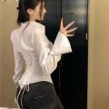 Fashion Women Bandage Shirts Korean All Match Streetwear Female Slim Blouse Spring Casual White Bell Sleeve Shirt New.